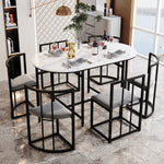 Six-Chair Dining Table Set - White Tabletop, Grey Cushions - Black Iron Frame
