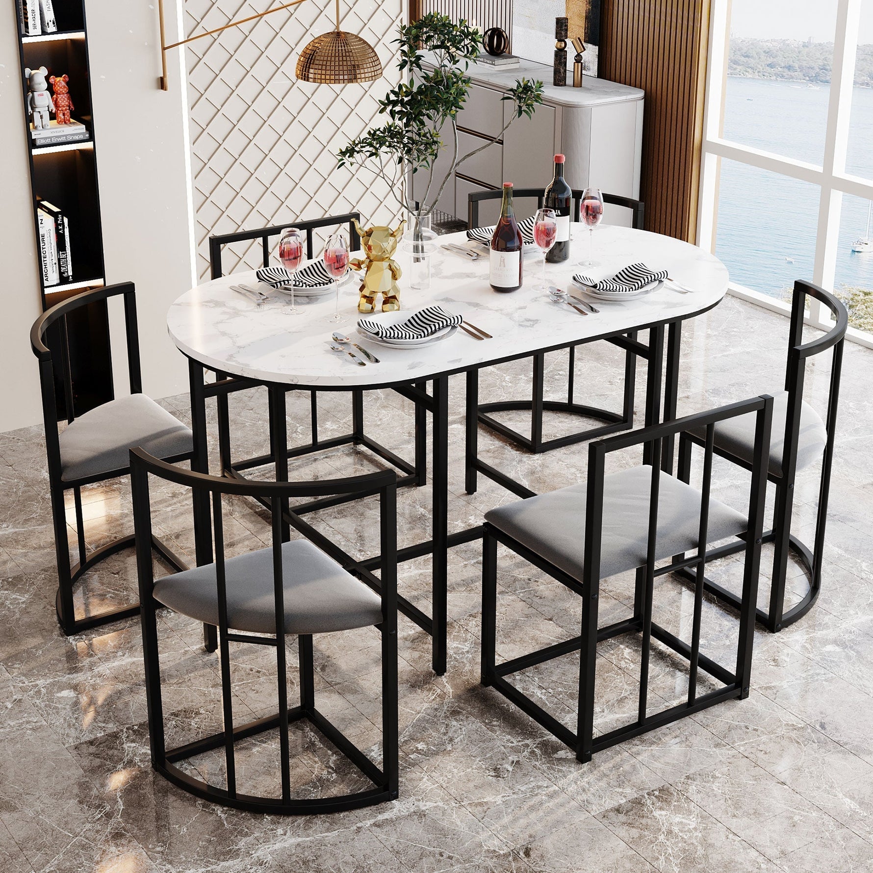 Six-Chair Dining Table Set - White Tabletop, Grey Cushions - Black Iron Frame