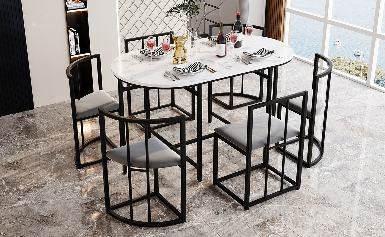 Six-Chair Dining Table Set - White Tabletop, Grey Cushions - Black Iron Frame