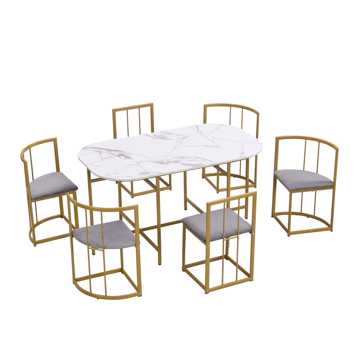 Six-Chair Dining Table Set, Modern Combination, White & Gold-Colored Iron