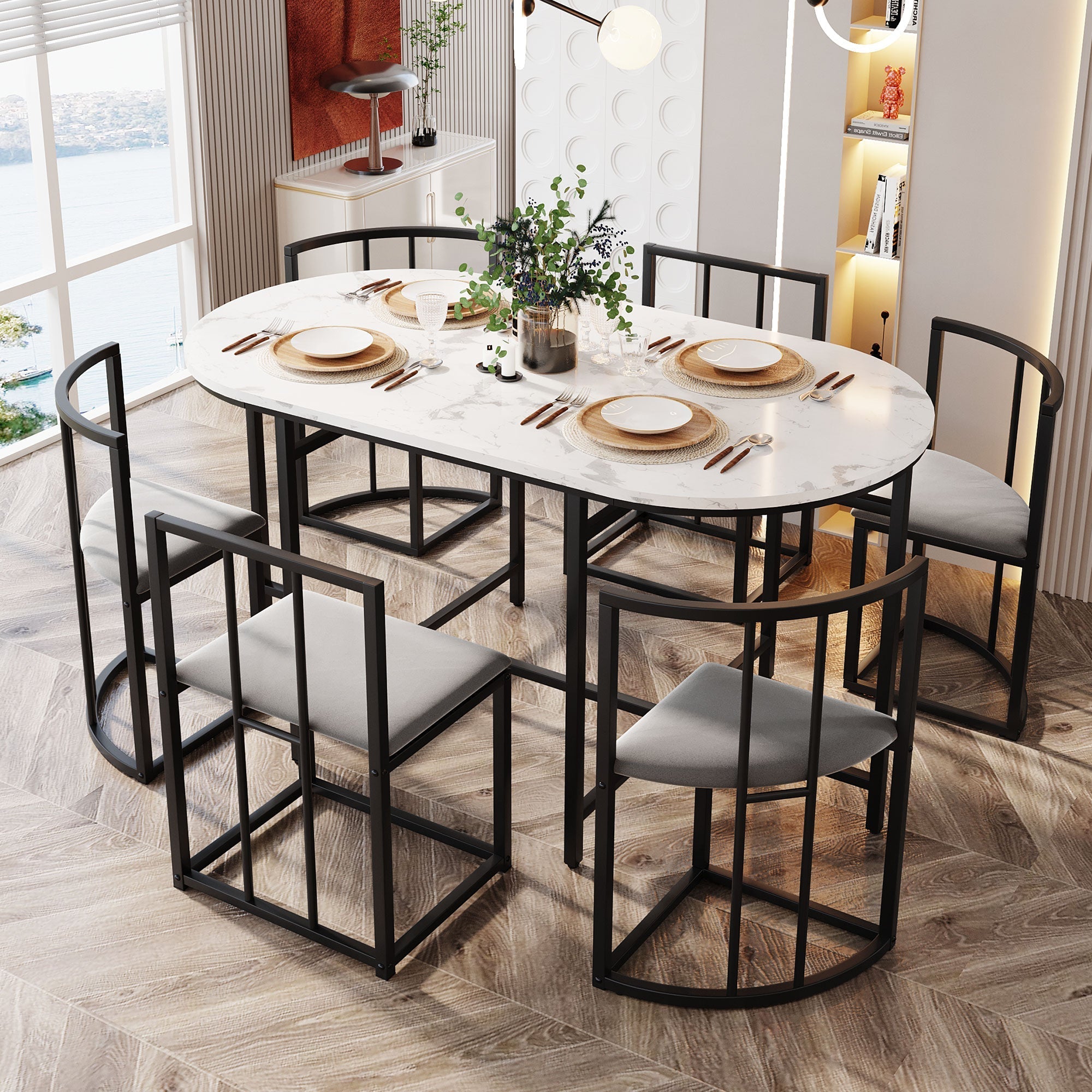 Six-Chair Dining Table Set - White Tabletop, Grey Cushions - Black Iron Frame