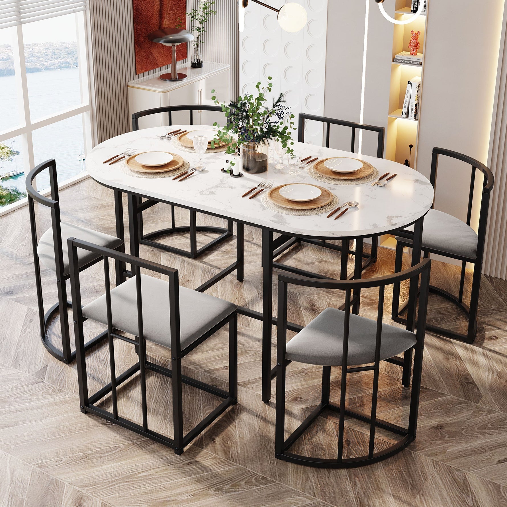 Six-Chair Dining Table Set - White Tabletop, Grey Cushions - Black Iron Frame