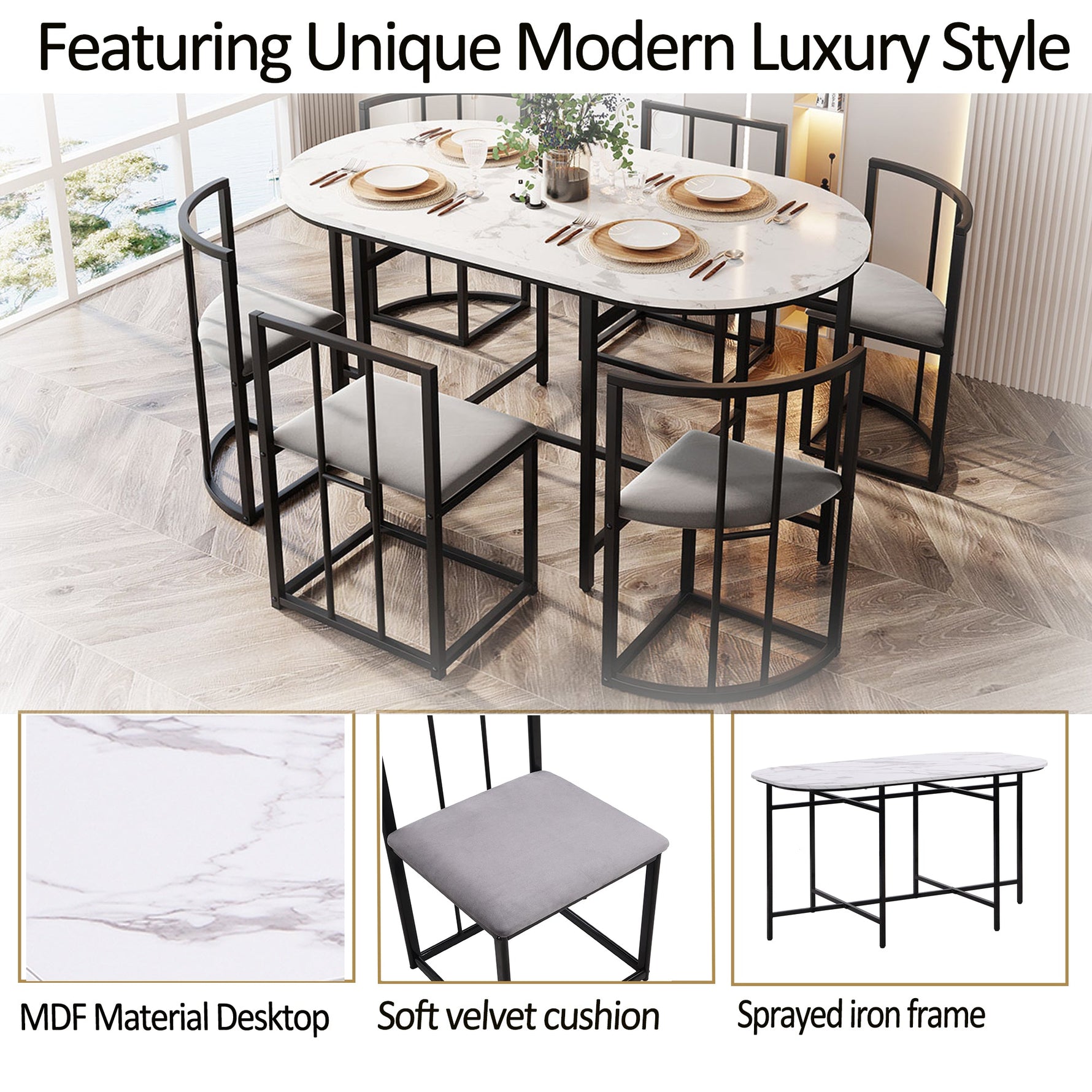 Six-Chair Dining Table Set - White Tabletop, Grey Cushions - Black Iron Frame