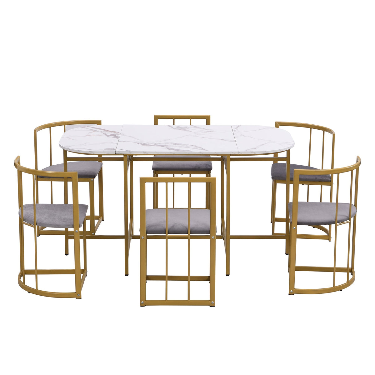 Six-Chair Dining Table Set, Modern Combination, White & Gold-Colored Iron