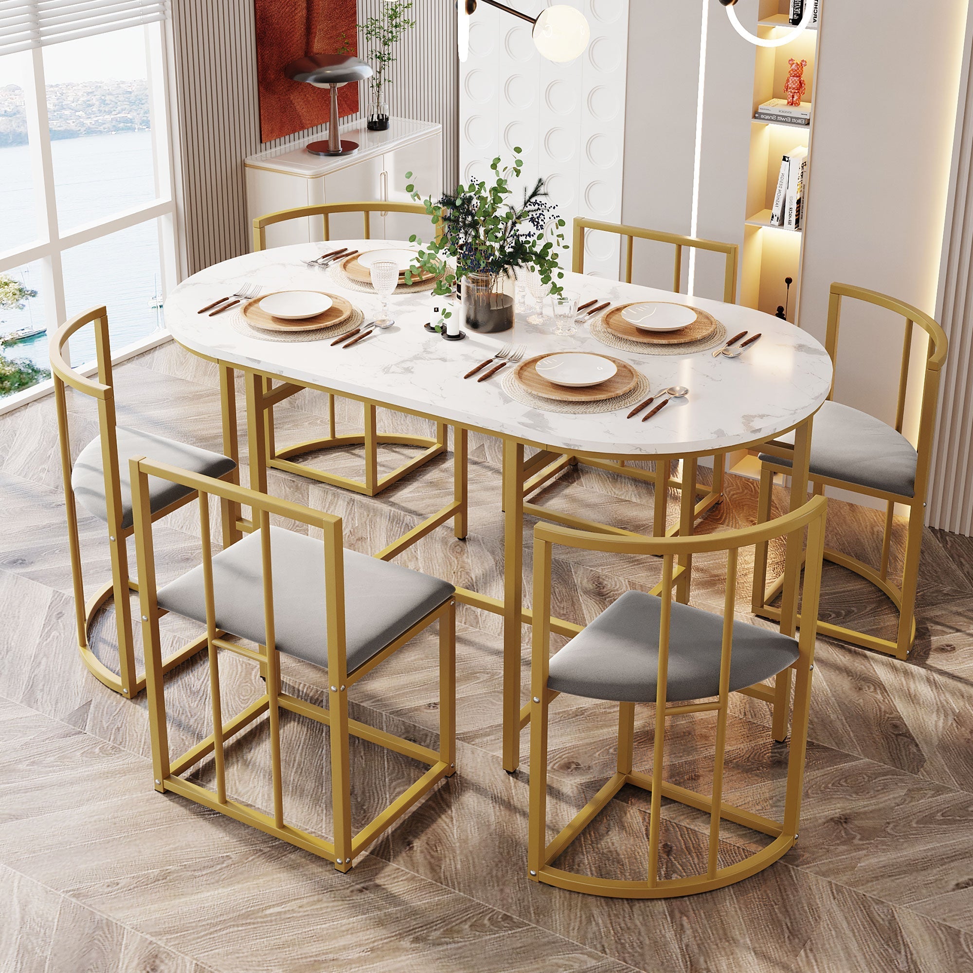 Six-Chair Dining Table Set, Modern Combination, White & Gold-Colored Iron