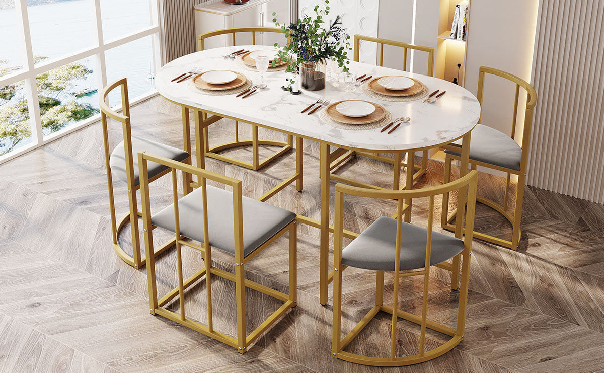 Six-Chair Dining Table Set, Modern Combination, White & Gold-Colored Iron