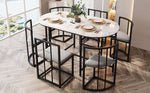 Six-Chair Dining Table Set - White Tabletop, Grey Cushions - Black Iron Frame