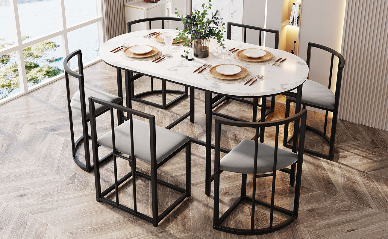 Six-Chair Dining Table Set - White Tabletop, Grey Cushions - Black Iron Frame