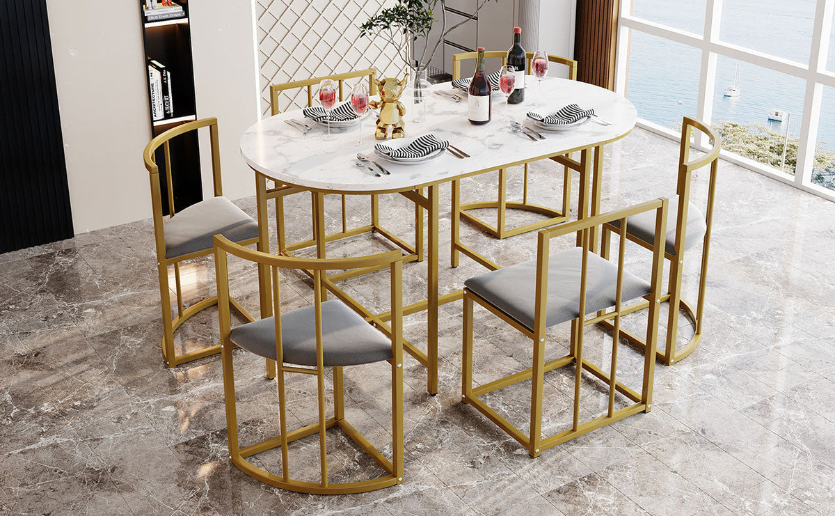 Six-Chair Dining Table Set, Modern Combination, White & Gold-Colored Iron