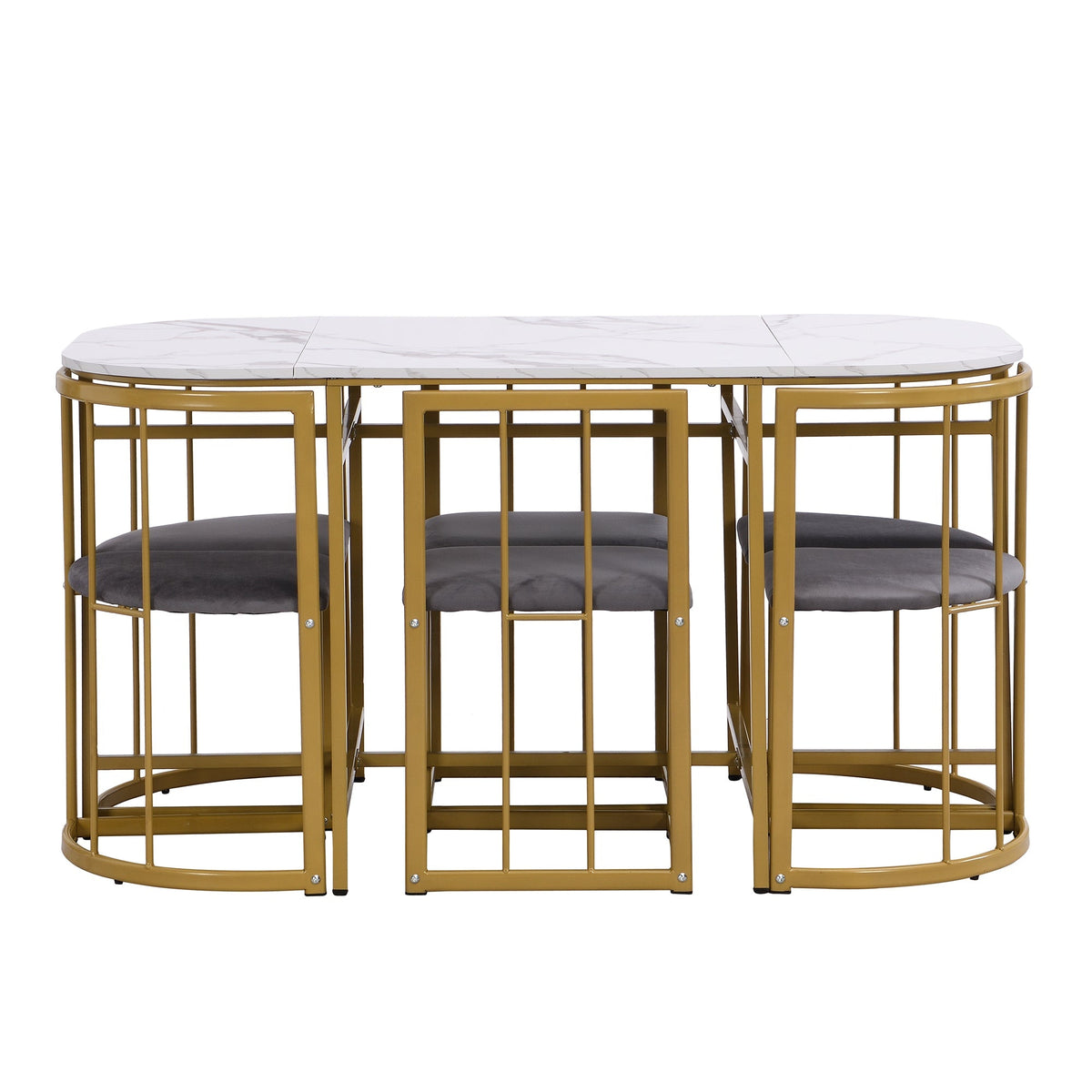 Six-Chair Dining Table Set, Modern Combination, White & Gold-Colored Iron