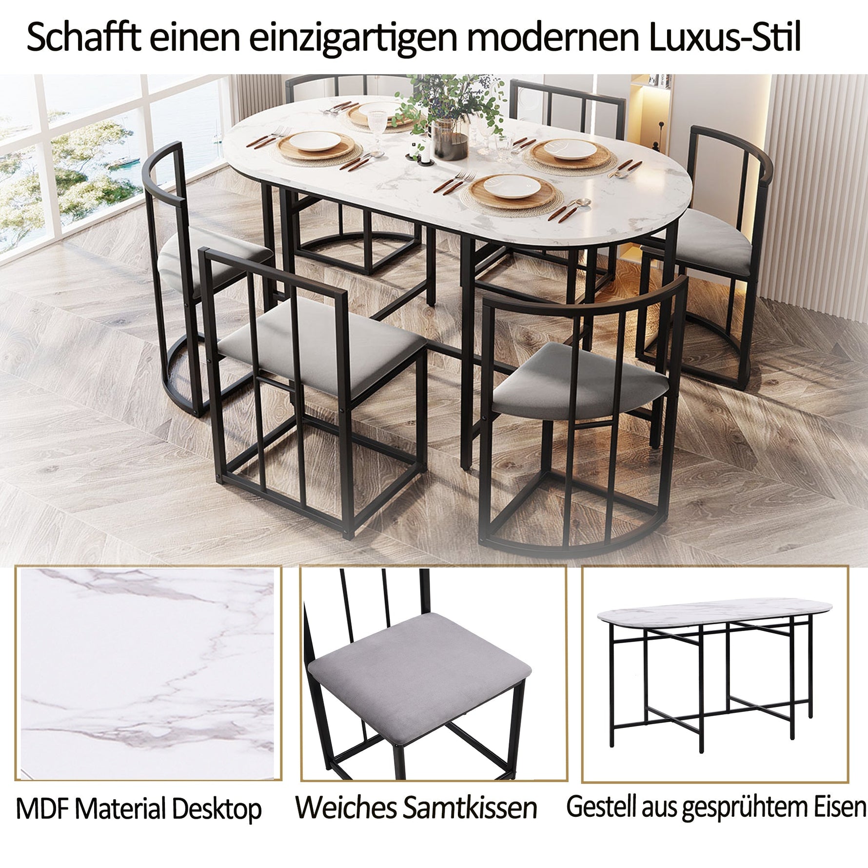 Six-Chair Dining Table Set - White Tabletop, Grey Cushions - Black Iron Frame