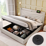 Upholstered Bed, Double with USB C Headboard, Storage, Linen