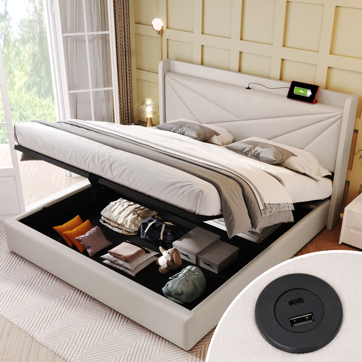 Upholstered Bed, Double with USB C Headboard, Storage, Linen
