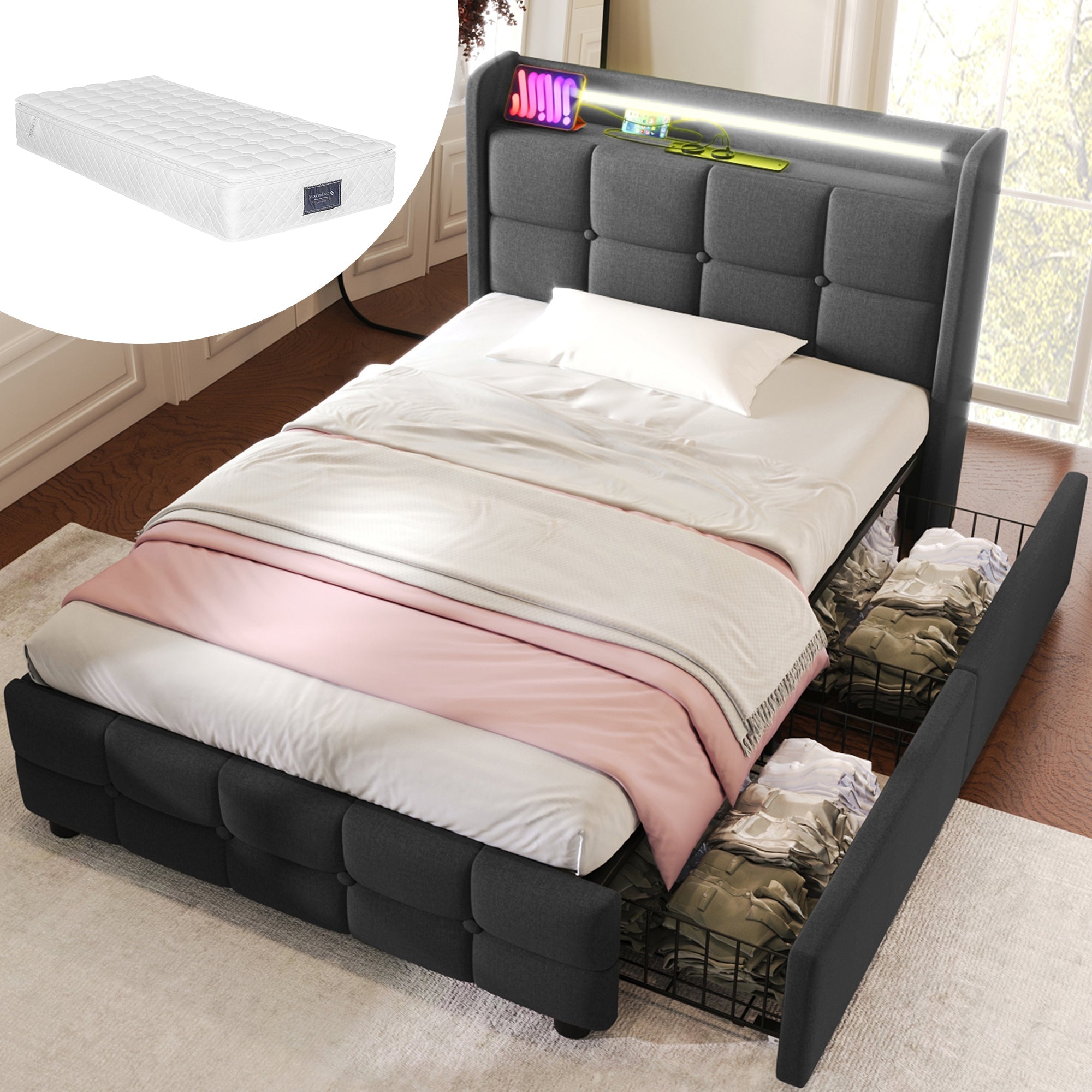 Upholstered Bed with USB, LED & Storage Drawers, Gray