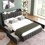Upholstered Bed with USB Charging, LED Headboard, 4 Drawers, Wood Frame, Gray
