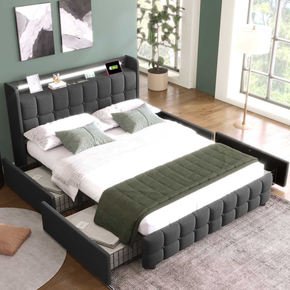Upholstered Bed, USB Charging LED Headboard 4-Drawer Storage, Gray