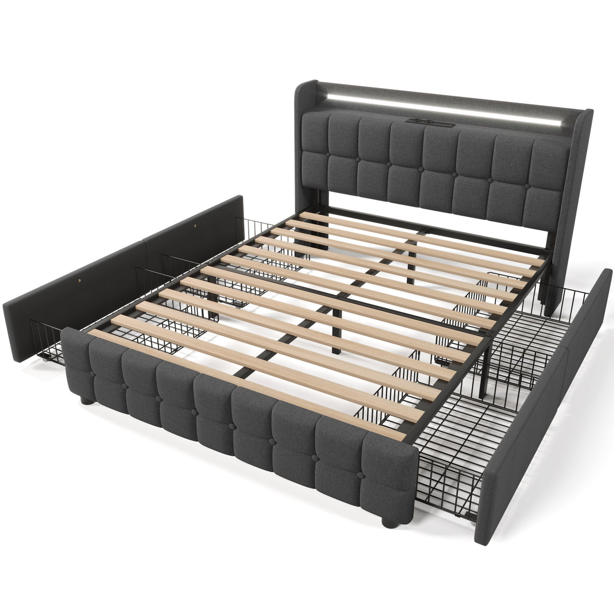 Upholstered Bed with USB Charging, LED Headboard, 4 Drawers, Wood Frame, Gray