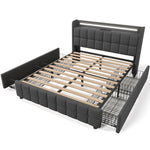 Upholstered Bed, USB Charging LED Headboard 4-Drawer Storage, Gray