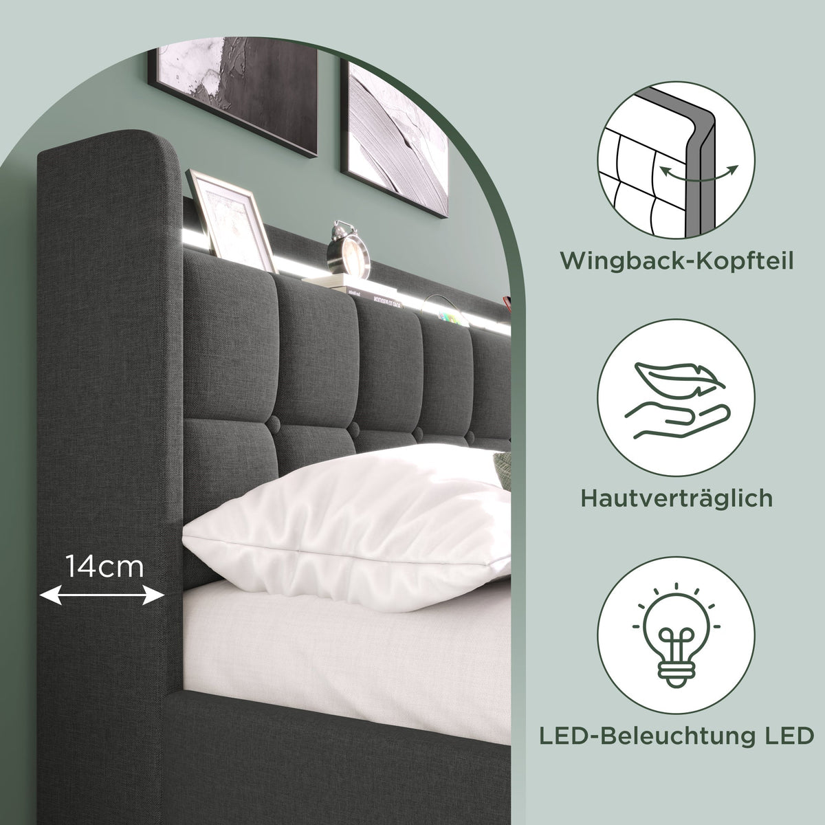 Upholstered Bed, USB Charging LED Headboard Storage, Gray