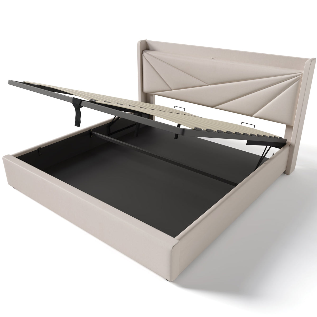 Upholstered Double Bed, Storage with USB Type C Headboard, Linen