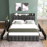 Upholstered Bed, USB Charging LED Headboard 4-Drawer Storage, 140x200cm Gray