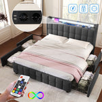 Upholstered Bed, USB Charging LED Headboard 4-Drawer Storage, Gray