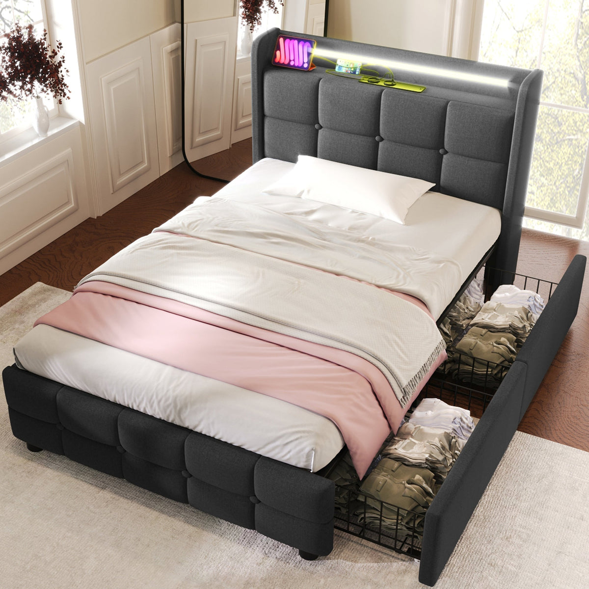 Upholstered Bed, USB Charging LED Headboard Storage, Gray