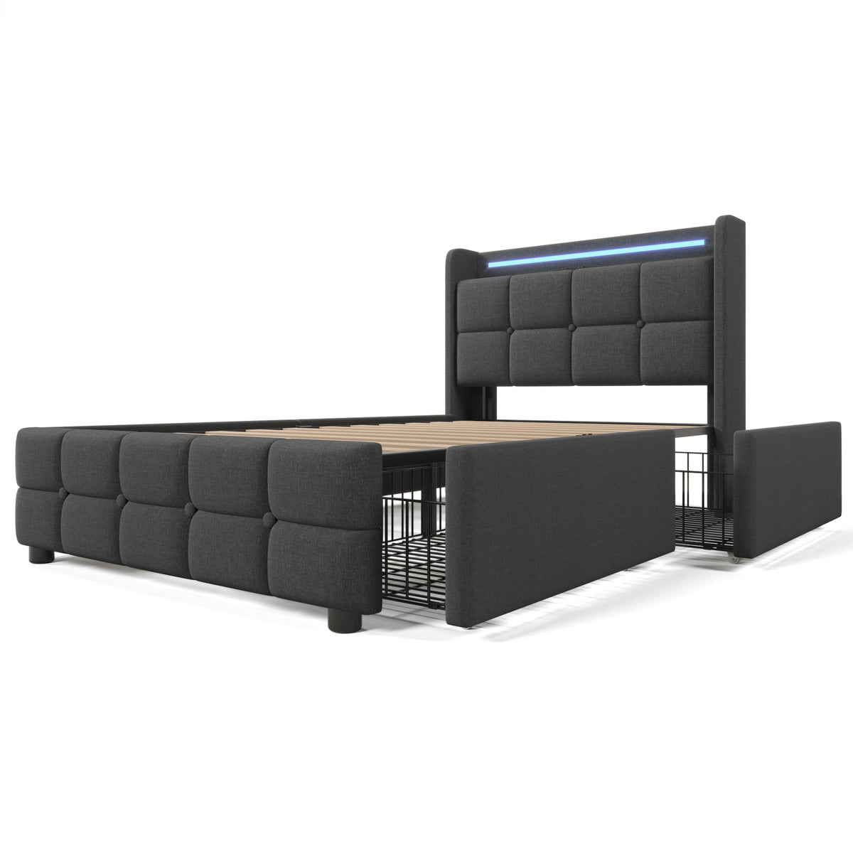 Upholstered Bed with USB, LED & Storage Drawers, Gray