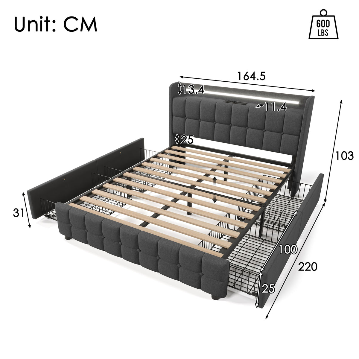 Upholstered Bed with USB Charging, LED Headboard, 4 Drawers, Wood Frame, Gray