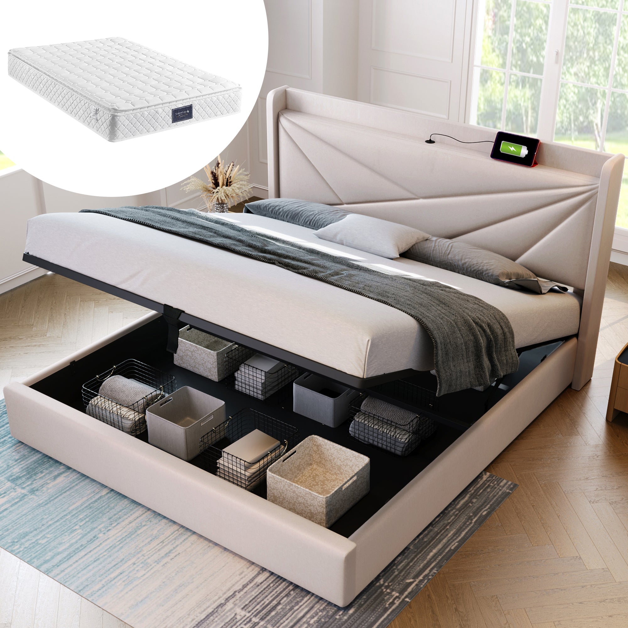 Upholstered Bed, Double, Storage with USB Type C Headboard, Linen