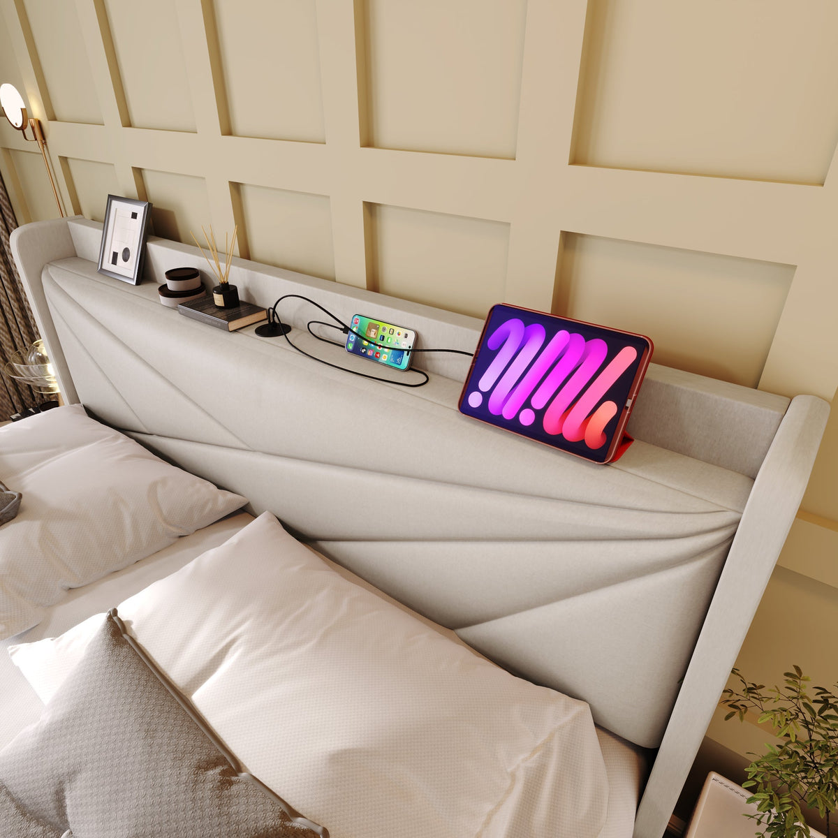 Upholstered Bed, Double with USB C Headboard, Storage, Linen
