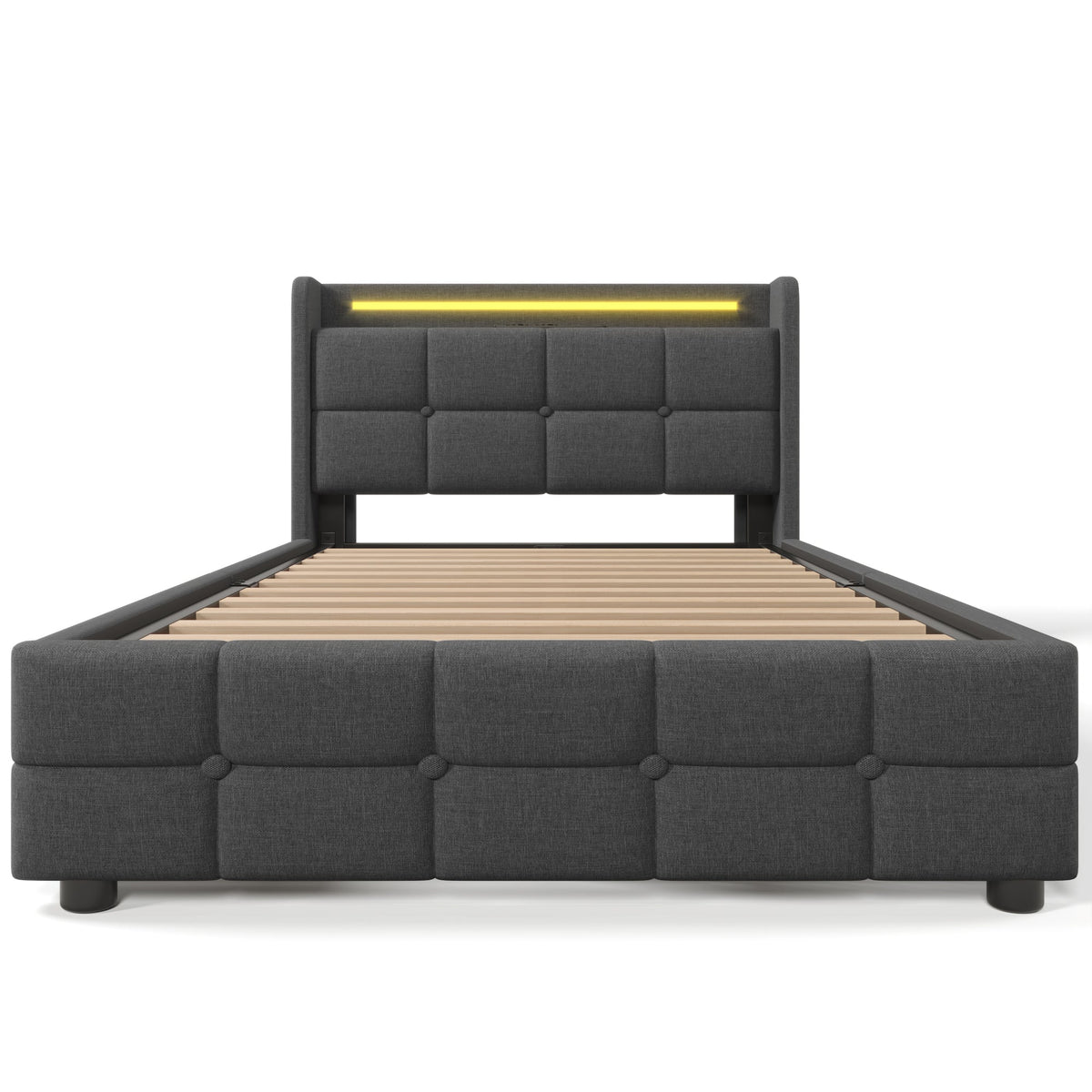 Upholstered Bed, USB Charging LED Headboard Storage, Gray