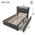 Upholstered Bed, USB Charging LED Headboard Storage, Gray