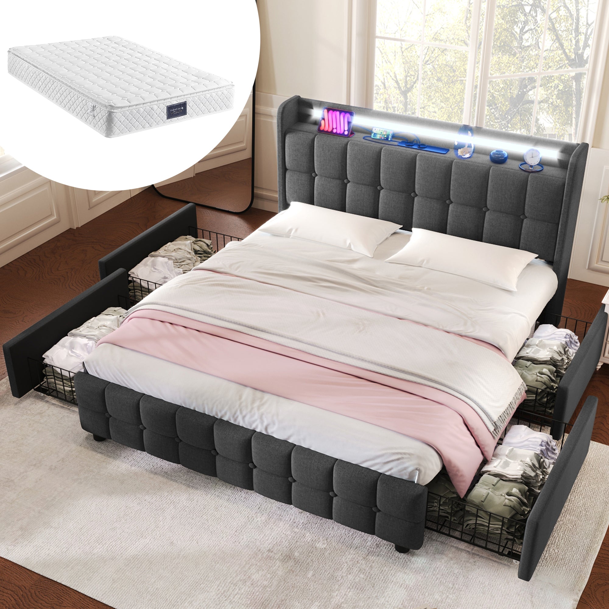 Upholstered Bed, USB Charging LED Headboard 4-Drawer Storage, 140x200cm Gray