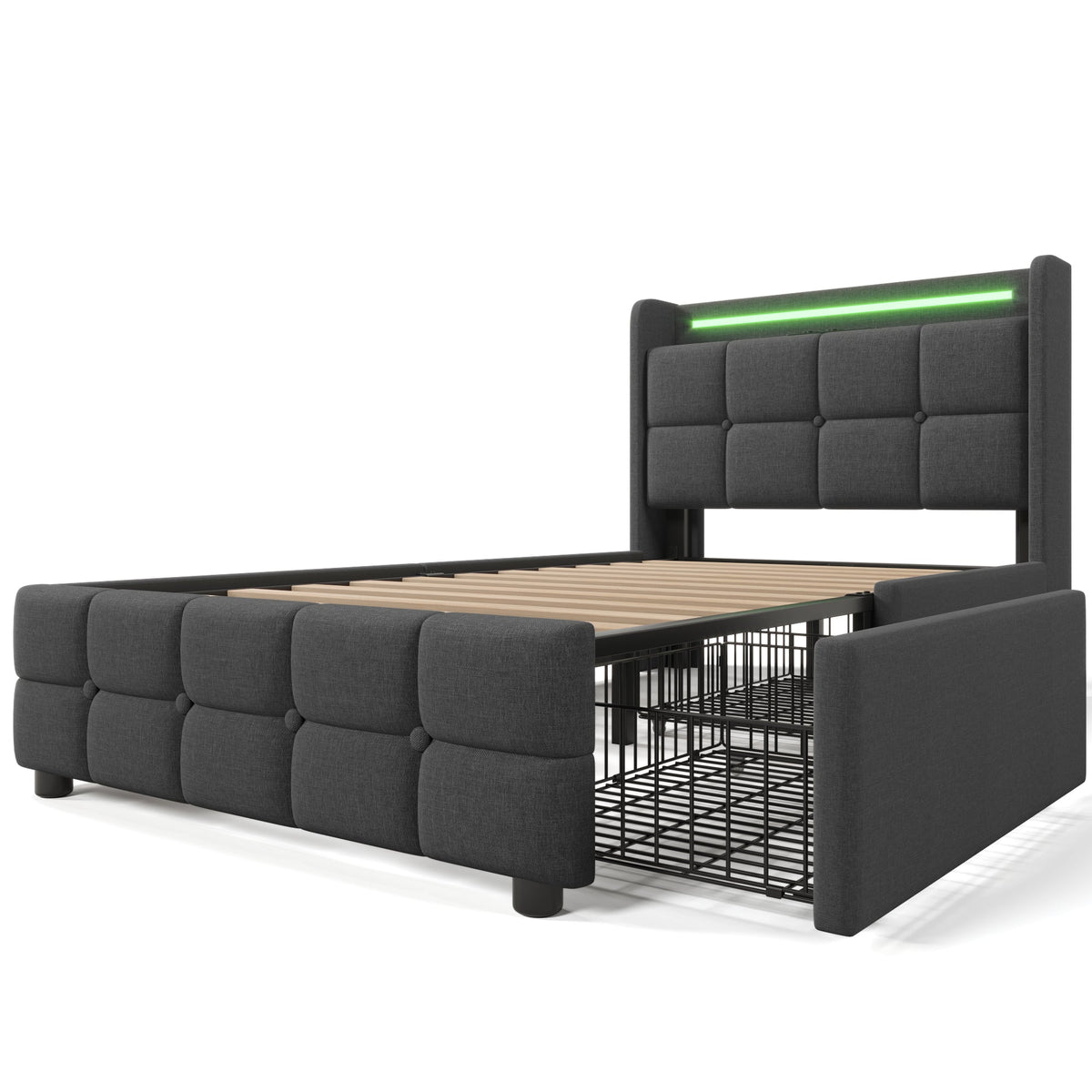 Upholstered Bed, USB Charging LED Headboard Storage, Gray