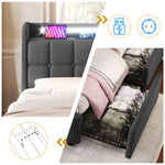 Upholstered Bed with USB Charging, LED Headboard, 4 Drawers, Wood Frame, Gray