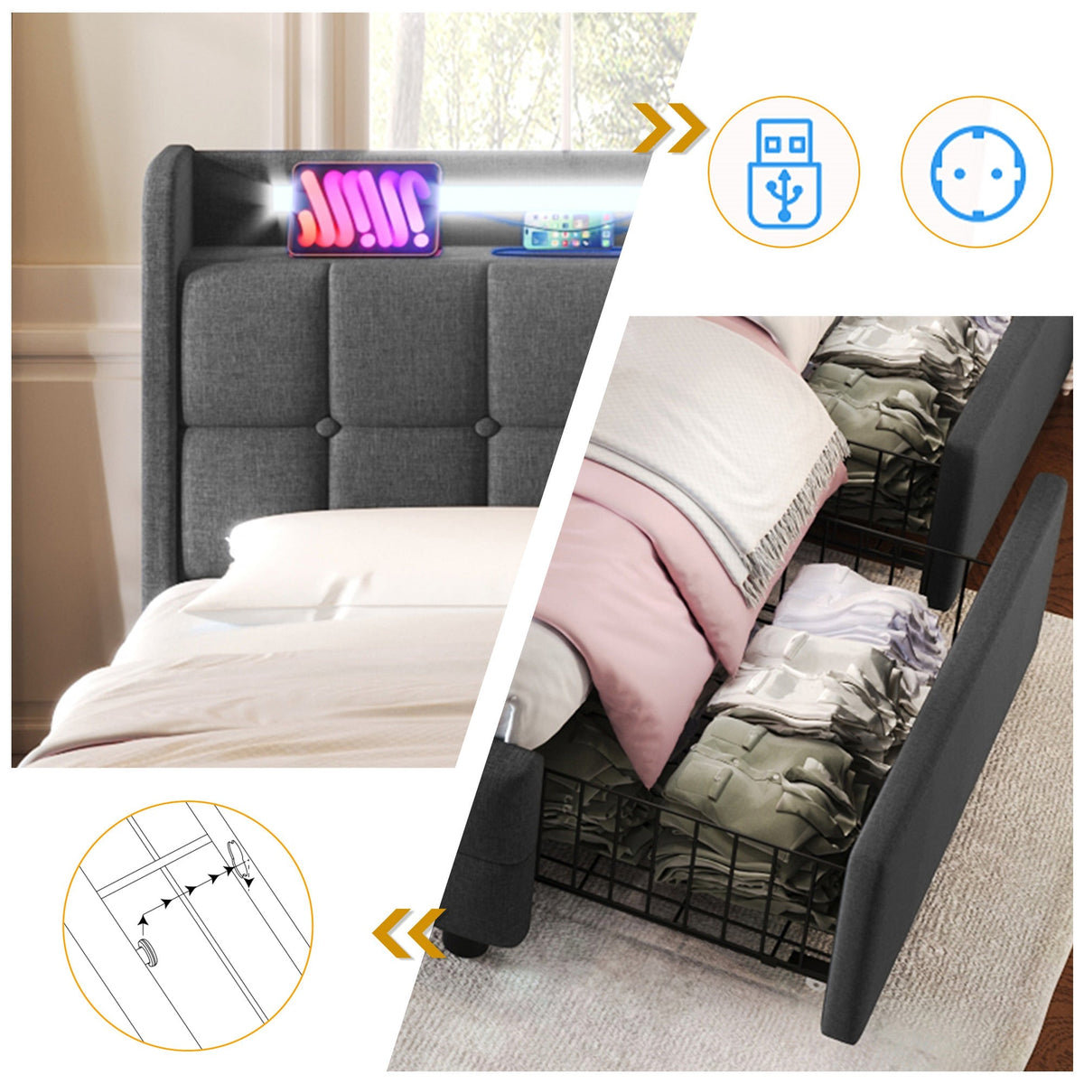 Upholstered Bed with USB Charging, LED Headboard, 4 Drawers, Wood Frame, Gray