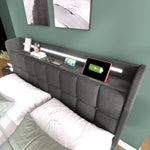 Upholstered Bed, USB Charging LED Headboard Storage, Gray