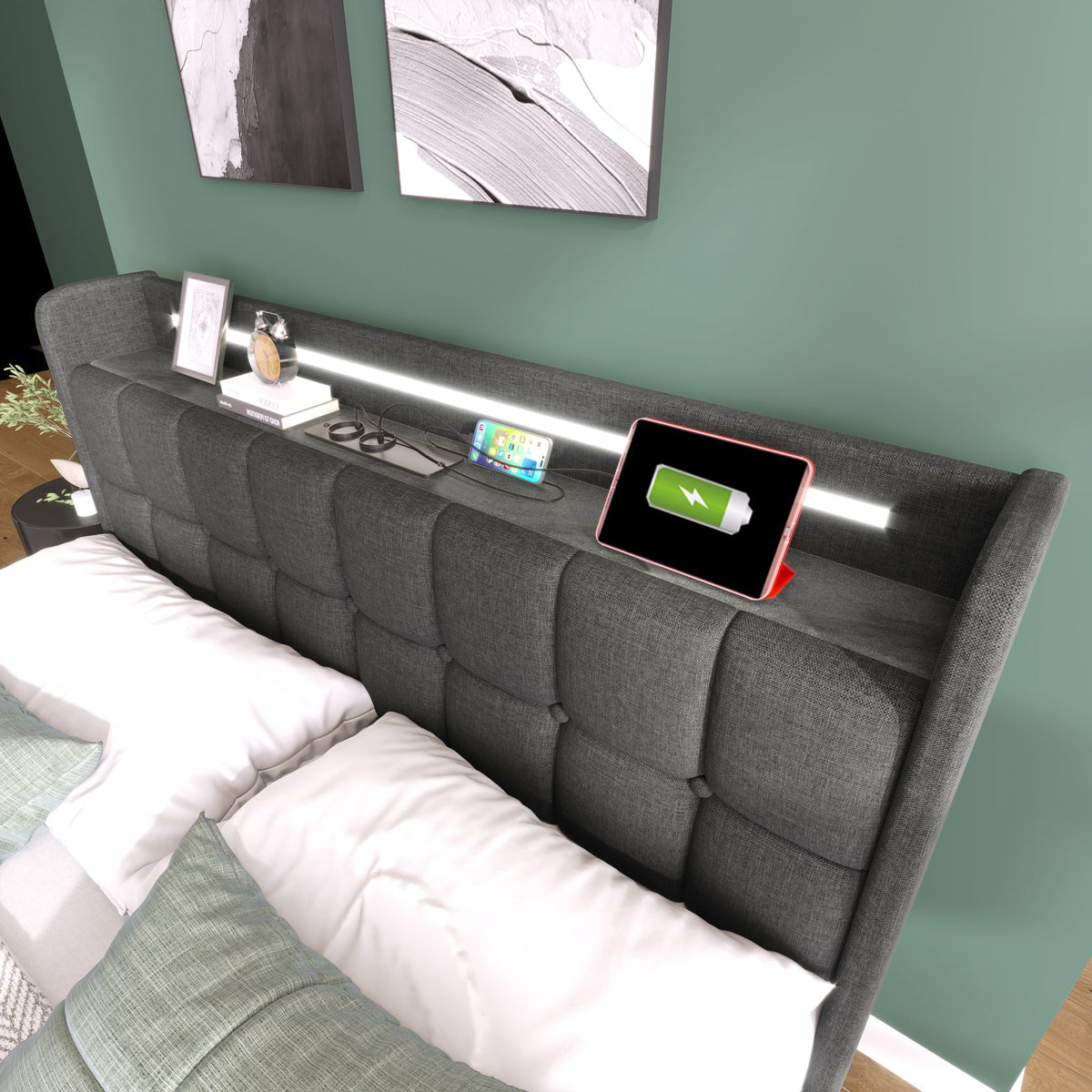 Upholstered Bed, USB Charging LED Headboard Storage, Gray