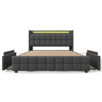 Upholstered Bed with USB Charging, LED Headboard, 4 Drawers, Wood Frame, Gray