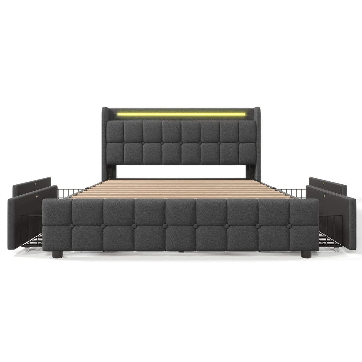 Upholstered Bed with USB Charging, LED Headboard, 4 Drawers, Wood Frame, Gray
