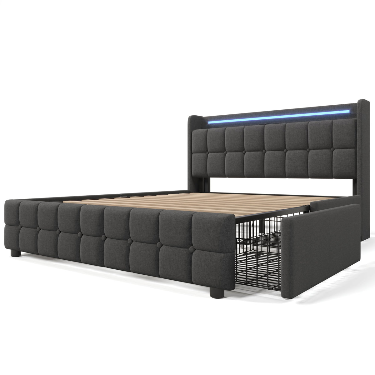 Upholstered Bed, USB Charging, LED Headboard, 4 Drawers, Gray