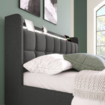 Upholstered Bed, USB Charging, LED Headboard, 4 Drawers, Gray