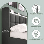 Upholstered Bed with USB Charging, LED Headboard, 4 Drawers, Wood Frame, Gray