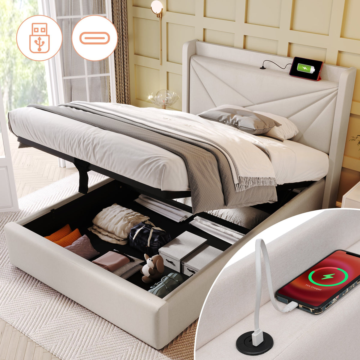 Upholstered Bed, Single with Storage & USB Type-C Headboard, Linen