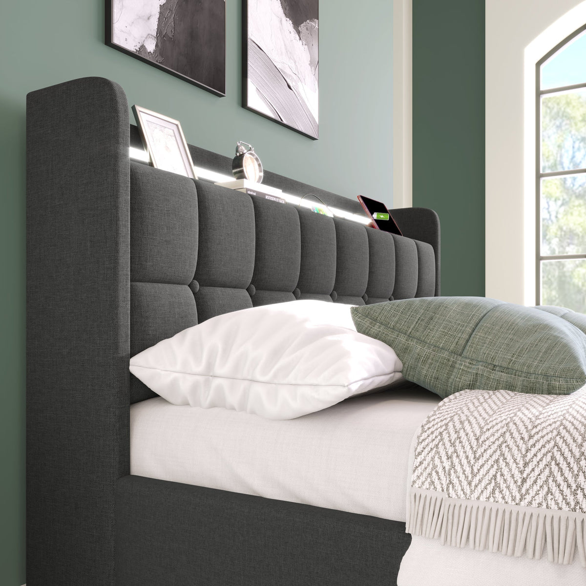 Upholstered Bed, USB Charging LED Headboard Storage, Gray