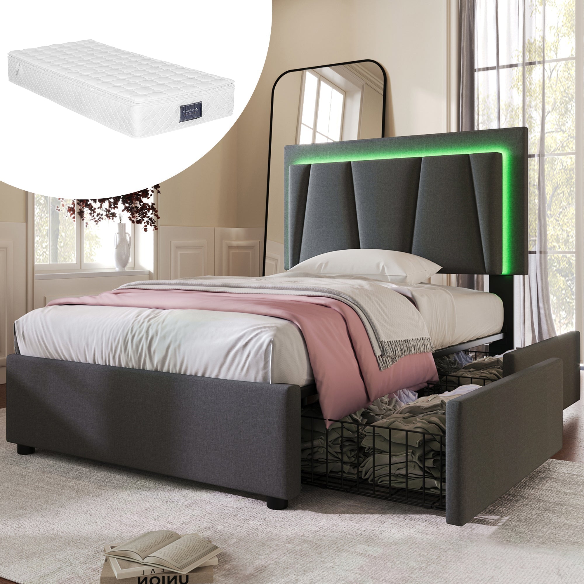 Upholstered Bed, LED Lighting, 2 Drawers, Adjustable Headboard, Storage, Wood, Garu