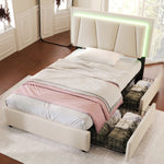 Upholstered Bed, LED, 2-Drawer, Height-Adjustable, Single 90x200cm, Beige Linen