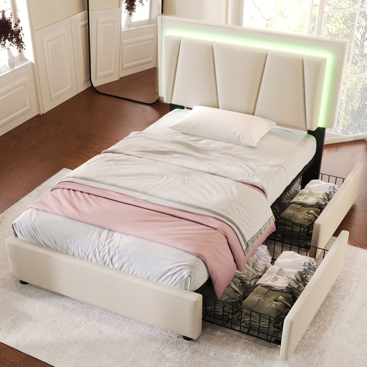 Upholstered Bed, LED, 2-Drawer, Height-Adjustable, Single 90x200cm, Beige Linen