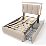 Upholstered Bed, LED, 2-Drawer, Height-Adjustable, Single 90x200cm, Beige Linen